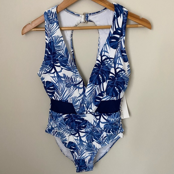 NWT Nicole Miller floral print Plunge V-neck One piece swimsuit size 8 - Picture 1 of 4